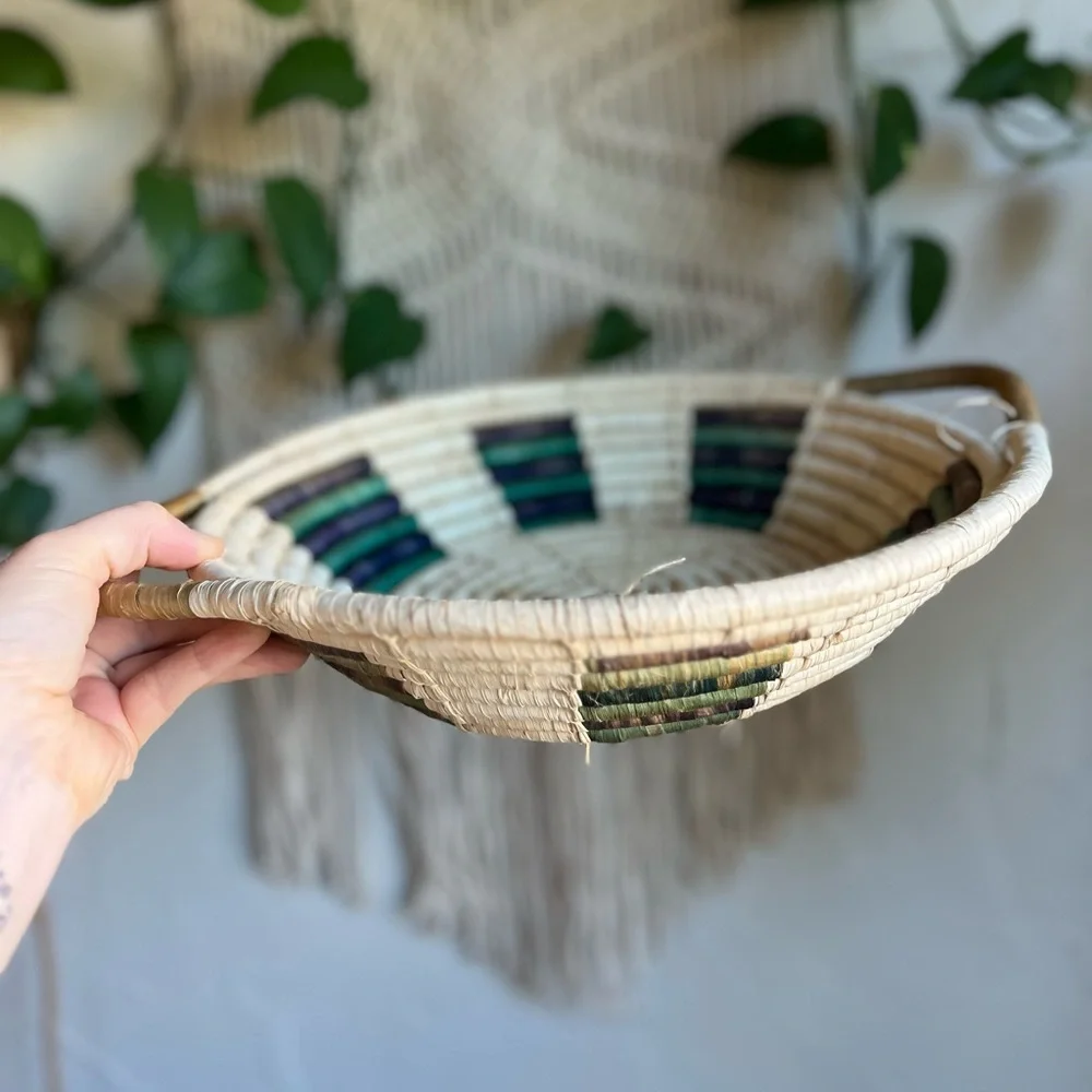 Large Woven Rattan Basket Bowl with Handles – Boho Farmhouse Wall or Table Décor